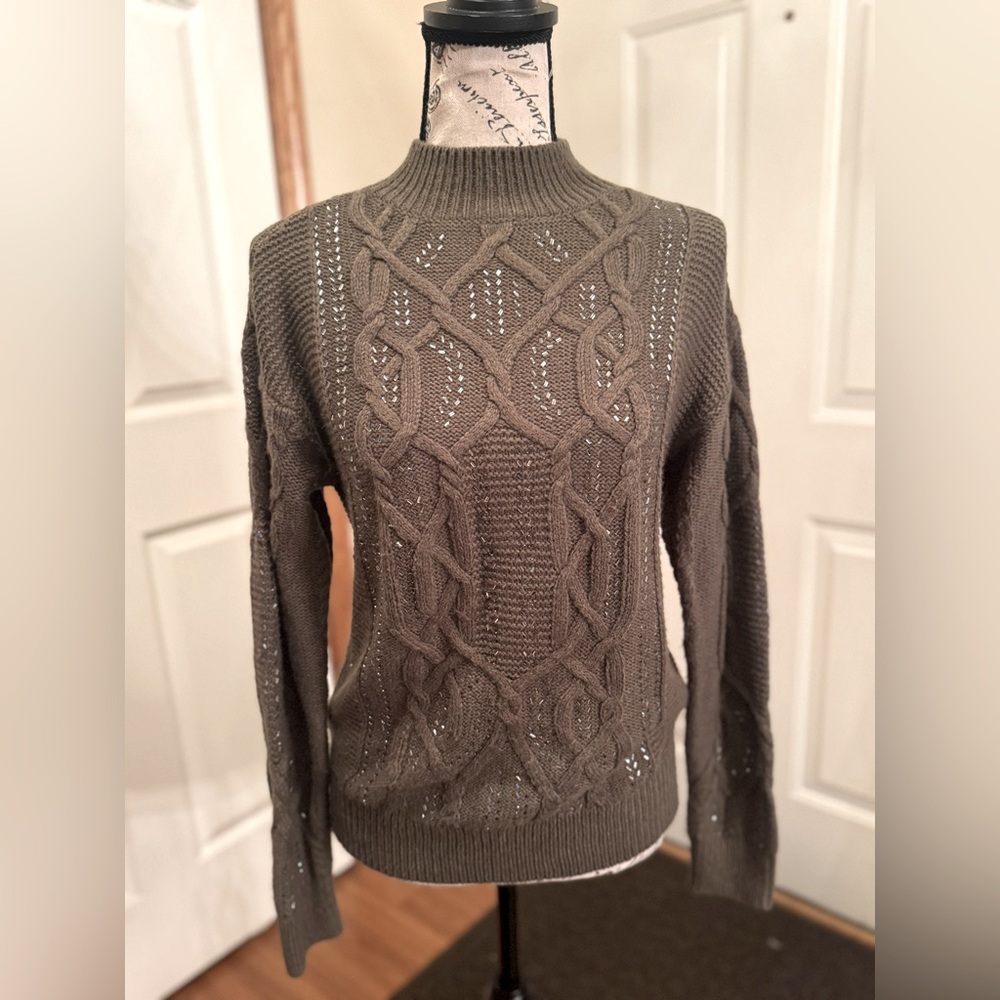 White House Black Market Faux embellished cable knit sweater size M Green